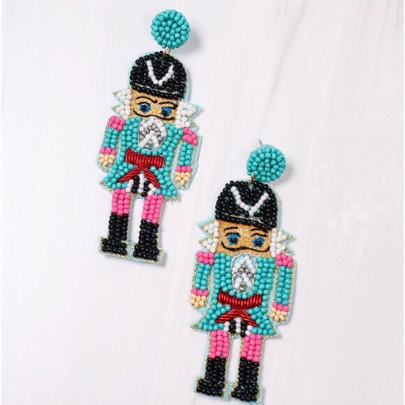Pastel Beaded Nutcracker Earrings Teal - Picture 2 of 2